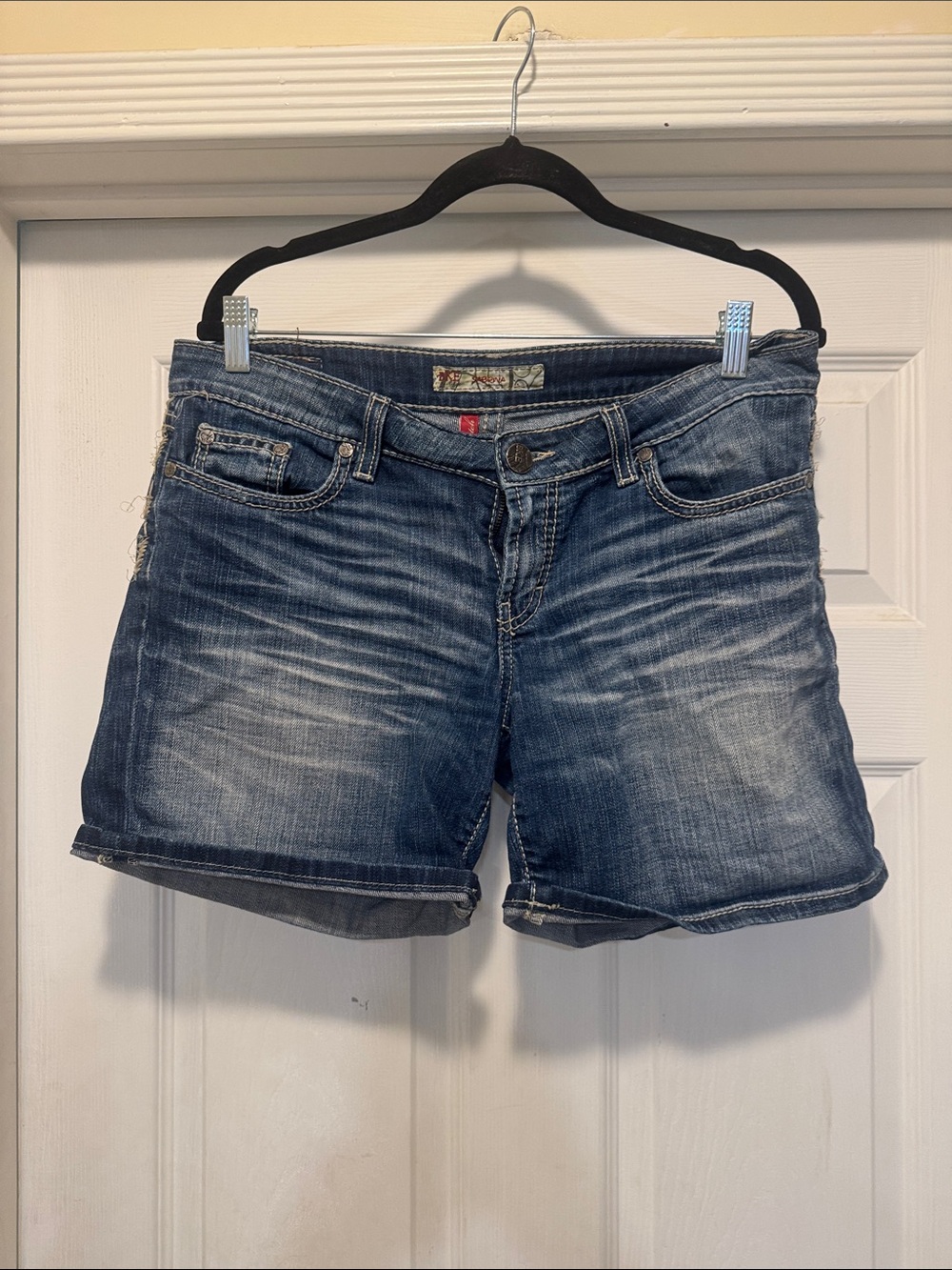 BKE Women's Dark Blue Distressed Denim Shorts